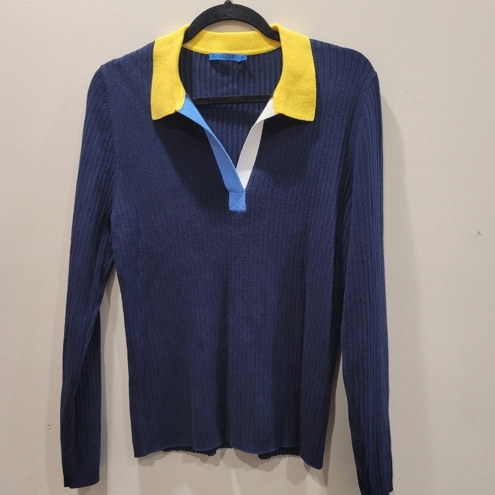 J. McLaughlin Michaela Ribbed Collared V-Neck Sweater Navy Yellow White - XL - Picture 3 of 8